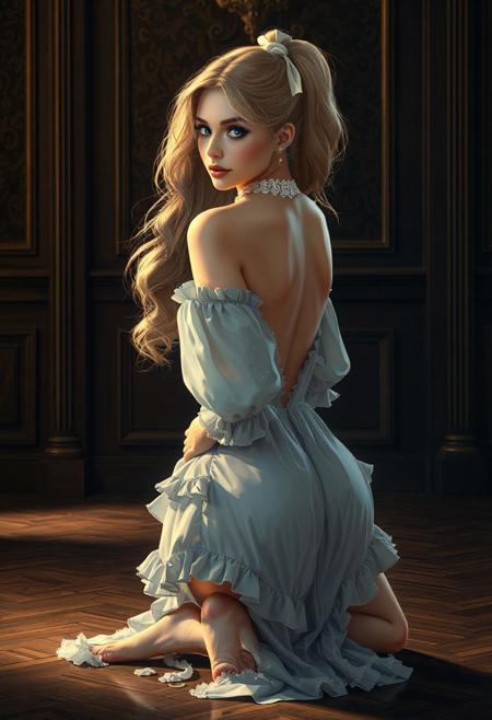 A digital illustration shoot from a profile camera angle about a sensual portrait of a woman with long, wavy blonde hair and blue eyes, dressed in a revealing, light-colored dress with puffy sleeves and a white choker, showcasing her back and lower body. the image also shows a soft, warm lighting that highlights her curves and the intricate details of her outfit. on the middle of the image, a 20 years old woman, who appears to be in her early twenties, with light skin, is kneeling on the floor with her back to the viewer, looking over her shoulder with a seductive expression. she has a slender physique and is wearing a light blue and white dress with frilly details, including a white ribbon in her hair and a pair of earrings. her hair is styled in a long, flowing ponytail, and she has blue eyes that are looking to the side. the background is a dark, ornate room with a dark brown wall and gold accents, creating a luxurious and elegant atmosphere. the overall style is realistic with a touch of fantasy, and the lighting is soft and warm, casting gentle shadows that accentuate her curves.