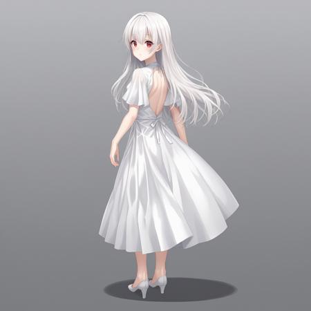 Yonagi,1girl,white hair,long hair,red eyes, black scrunchie, medium breasts, blue_jacket,white shirt, mini skirt, black_thighhighs,boots, white blouse,short_sleeves, black_skirt, Yonagi,1girl,white hair,straight hair,red eyes, medium breasts, white dress,