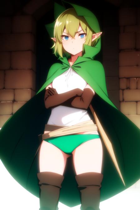 pointy ears, 1girl, Ryurion, small breasts,blue eyes,short hair,hooded cloak, thighhighs, cloak, boots, hood, crossed arms, gloves, blue eyes, green cape, standing, elbow gloves, thigh boots, green panties