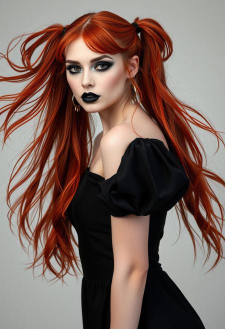 A stunning 25-year-old woman with flowing, fiery red hair styled in long, loose, high pigtails that cascade down her back. Her pale skin is contrasted by dramatic dark eye makeup, smudged black eyeliner, and a deep, matte black lipstick that drips slightly from her lips, adding a touch of rebellion and sensuality. She wears a flowing, elegant gothic dress that accentuates her curves. With a sensual yet dominant gaze, she steps forward, inviting the viewer into her world of darkness and allure.