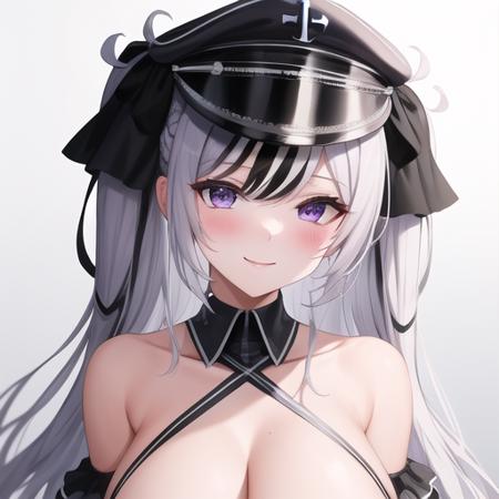 (masterpiece, best quality:1.2),illustration,8k,hd,absurdres,1girl,solo,upper body,(portrait:1.2),large_breasts,hat,multicolored_hair,streaked_hair,looking_at_viewer,black_headwear,black_gloves,black_thighhighs,bare_shoulders,blue_eyes,black_dress,white_hair,purple_eyes,peaked_cap,cross,black_hair,frills,frilled_dress,skindentation,blush,cleavage,smile,very_long_hair,<lora:Elbe(azur)>,