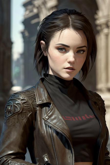 a photo of S070_KylieQuinn, a stylish woman, in a (ruin), wearing a (leather-jacket), (8k, RAW photo, best quality, DOF, ultra high res:1.2), (absurdres, intricate, photorealistic, masterpiece, ultra-detailed, Unreal Engine:1.3)