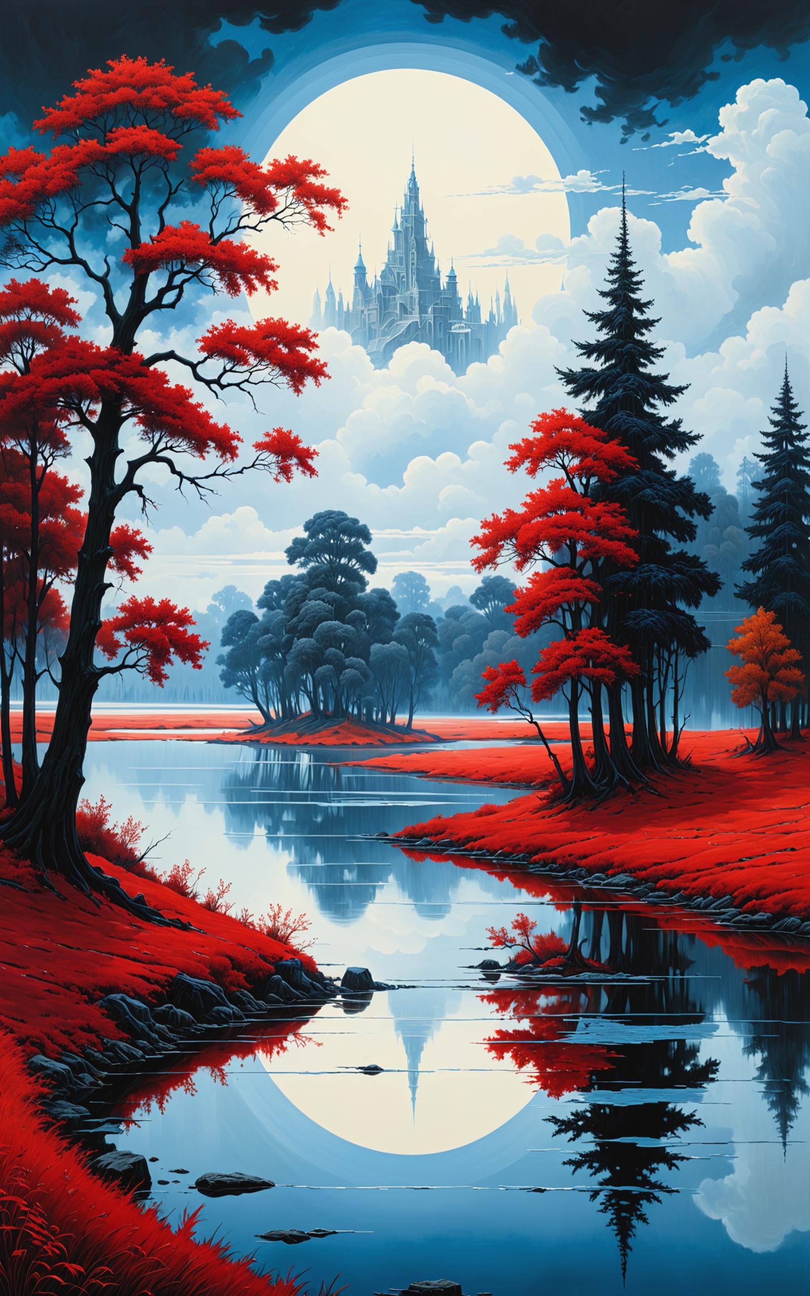 A beautiful painting of a forest with a river and a castle in the background.
