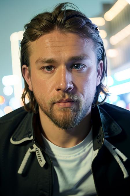 close up of a man in a white tee shirt and (bikers jacket), beard, shoulder length hair, <lora:ch4rl13hunn4m:1>, by a motorbike, RAW, 8K, UHD, highly detailed face, evening in the city, street lights