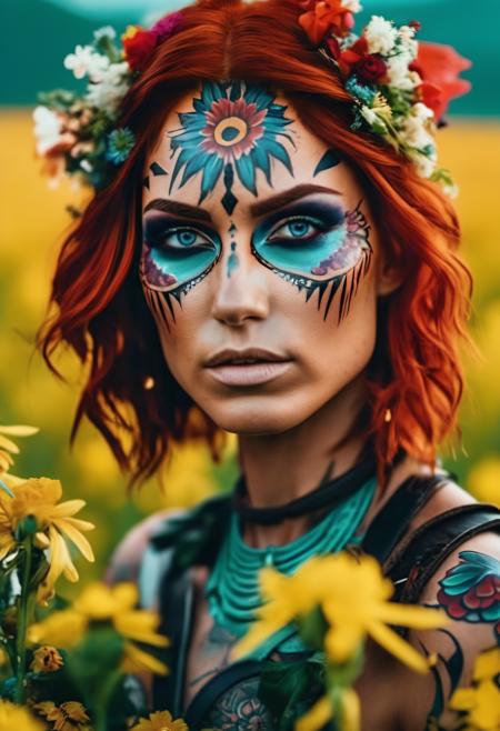 BloomCore, close up of a warrior woman, (colorful facial tattoos:1.3), flowers in her red hair, x-ray eyes, rad makeup, misty field background, hyperdetailed photography, soft light,intricate, vibrant, highly detailed <lora:BloomCore:1>