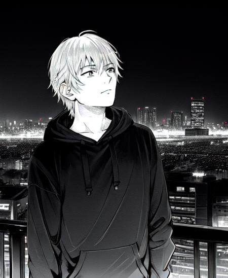 (male:1.5), in the style of  <lora:marvin:0.55>, manga, medium shot, looking up, sideways view, hoodie, short hair, solo, (city background, lights:1.2)