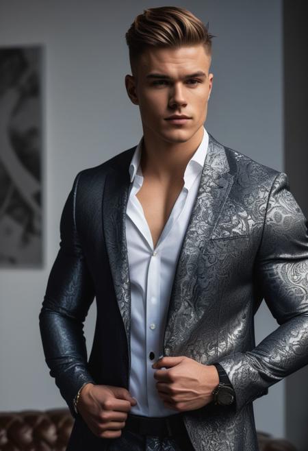 a strong 22-year-old german hunk bodybuilder male, with a fringe up hairstyle, detailed face, mindless expression,  wearing a skin tight dark-gray suit with silver patterns, wearing a skin tight pants, on a modern living room, standing at attention pose, looking to the camera, Cinematic, Photoshoot, Shot on 25mm lens, Depth of Field, Tilt Blur, Shutter Speed 1/1000, F/22, White Balance, 32k, Super-Resolution, Pro Photo RGB, Half rear Lighting, Backlight, Dramatic Lighting, Incandescent, Soft Lighting, Volumetric, Conte-Jour, Global Illumination, Screen Space Global Illumination, Scattering, Shadows, Rough, Shimmering, Lumen Reflections, Screen Space Reflections, Diffraction Grading, Chromatic Aberration, GB Displacement, Scan Lines, Ambient Occlusion, Anti-Aliasing, FKAA, TXAA, RTX, SSAO, OpenGL-Shader s, Post Processing, Post-Production, Cell Shading, Tone Mapping, CGI, VFX, SFX, insanely detailed and intricate, hyper maximalist, elegant, dynamic pose, photography, volumetric, ultra-detailed, intricate details, super detailed, ambient