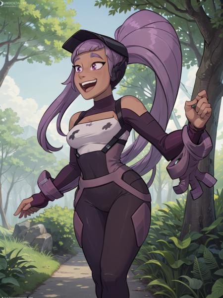 (Ultra detailed:1.3), (1girl), masterpiece, 8k HDR, hires, high resolution, best quality, beautiful eyes, perfect lighting, (sharp focus), (solo), <lora:Entrapta:0.9> (Entrapta), long hair, twintails, purple hair, dark skin, purple bodysuit, running through forest, chuckling