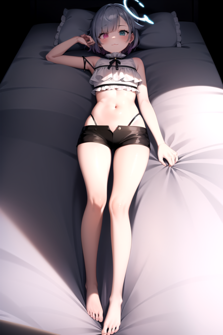 2d, masterpiece, best quality, anime, highly detailed face, highly detailed eyes, highly detailed background, perfect lighting, full body, 1girl, solo, amemiya nazuna, angel, heterochromia, frilled shirt, short shorts, single wing, halo, navel, :\3, on back, lying, on bed, barefoot <lora:angel-07:1>