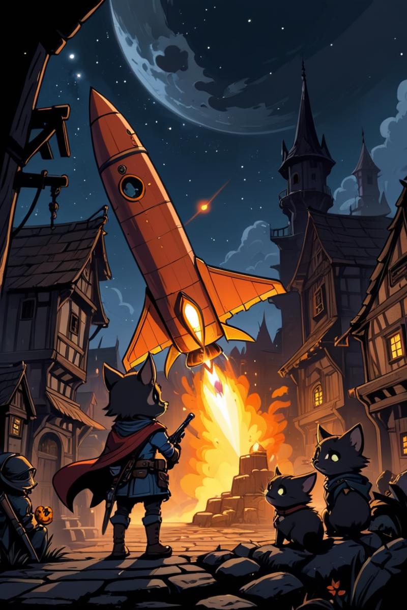 A Cat in a Cape Watches a Rocket Ship Fly Over a Town