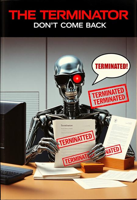 Create a fake B-Movie VHS cover art of a movie called (THE TERMINATOR: DON'T COME BACK) with the title written at the top in the famous Terminator font font, the cover features the iconic Terminator chrome skeleton robot with red glowing eye, but he is sitting behind a office desk in a clean minimalistic 70s office and is wearing ugly glasses as he stamps multiple application papers with a giant red stamp that leaves the word "Terminated!" on the papers, he has one big speech bubble that says these exact words ("TERMINATED, DONT COME BACK, TERMINATED, TERMINATED"), dramatic lighting, the cover gives 80s vibes with slightly washed out colors and is despite its silliness very well rendered and extremely detailed.