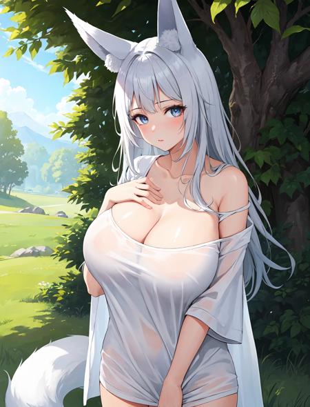 masterpiece, best quality, outdoors, field, grass, forest,
1girl, solo, looking at viewer, cowboy shot, white hair, silver hair, blue eyes, animal ears, fox ears, shirt, white shirt, collarbone, short sleeves, t-shirt, off shoulder, oversized shirt, naked shirt, oversized clothes, hands on own chest, large breasts, huge breasts, 
<lora:Concept_Oversized:1>, <lora:Shinano_LoRA:0.7>