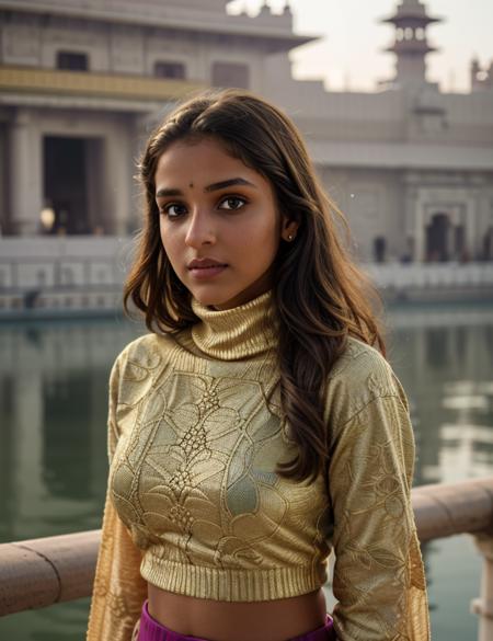 an1ksu photo of (an1ksu) girl, RAW, nature, Spectacular light, Turtleneck intricate, (Colorful flowering), 8k, soft lighting, high quality, film grain, Olympus OM1 sharp focus, f 3.4, ((detailed eyes)), (seductive pose), upper body, breast, (Golden Temple india)