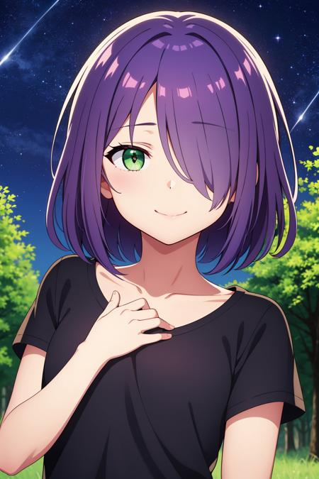 (masterpiece), best quality, expressive eyes, perfect face, solo, 
short hair, wavy hair, hair over one eye, purple hair, green eyes, flat chest, black t-shirt, seductive smile, short sleeves, 
portrait, starry sky, forest,