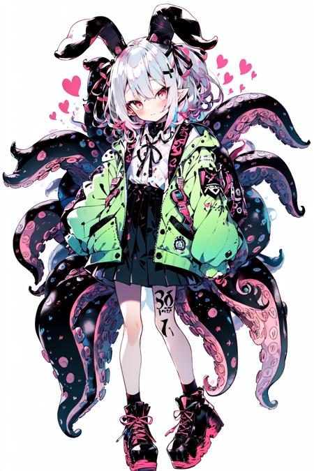 <lora:Cthulhu:1>, 1girl, makaino ririmu, virtual youtuber, stuffed toy, solo, skirt, full body, pink jacket, pointy ears, stuffed animal, looking at viewer, multicolored hair, stuffed bunny, jacket, simple background, leg tattoo, tattoo, ribbon, socks, bag, white background, armband, red eyes, hair ribbon, heart tattoo, collar, pink hair, heart, black ribbon, grey hair, black footwear, loose socks, open clothes, red collar, streaked hair, white socks, standing, blush, shoulder bag, shoes, pleated skirt, platform footwear, closed mouth, holding stuffed toy