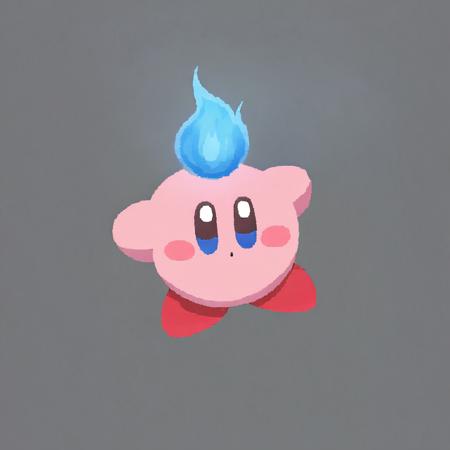 Ara love kirby style, kirby, fire, solo, blue eyes, black background, no humans, blush stickers, full body, standing, looking at viewer, simple background, blue fire, grey background