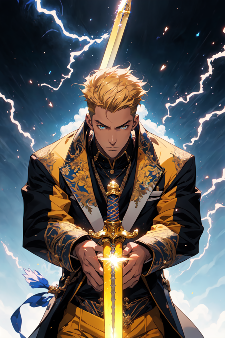 Niji Style, solo, 1boy, male focus, the anime character is wearing a yellow suit with a sword, in the style of anime aesthetic, barbara takenaga, 32k uhd, dmitri danish, detailed character illustrations, holding, holding a weapon, frederick sandys, use of light and shadow, lightning and magic flowing through the sword, <lora:NijiStyle_Dusk-05:1>