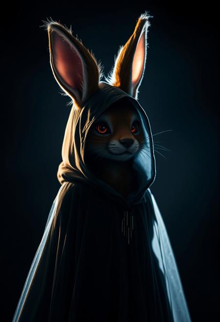 source furry, feral, furry, Judy Hopps, mouse ears, cape, partially illuminated, dark, twilight, fine details, dramatic lighting, lens flare, magical, veil, ethereal, rim lighting, cyberpunk, cloak, hood, nomad, black background
