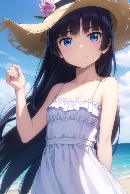 rurigokou, <lora:ruri gokou s2-lora-nochekaiser:1>,
ruri gokou, long hair, black hair, dress, pantyhose, mole, mole under eye, hime cut, smile,
BREAK blue eyes, hat, dress, white dress, sun hat, sundress,
BREAK outdoors, beach,
BREAK looking at viewer, (cowboy shot:1.5),
BREAK <lyco:GoodHands-beta2:1>, (masterpiece:1.2), best quality, high resolution, unity 8k wallpaper, (illustration:0.8), (beautiful detailed eyes:1.6), extremely detailed face, perfect lighting, extremely detailed CG, (perfect hands, perfect anatomy),