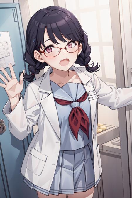 masterpiece, best quality, ultra-detailed, illustration, 1girl, fukumaru koito, medium hair, black hair, purple eyes, low twin braids, hairclip, glasses, labcoat, pleated skirt, serafuku, red neckerchief, name tag, curious, open mouth, cave <lora:brj-koito-v1:1> <lyco:GoodHands-beta2:1.0>