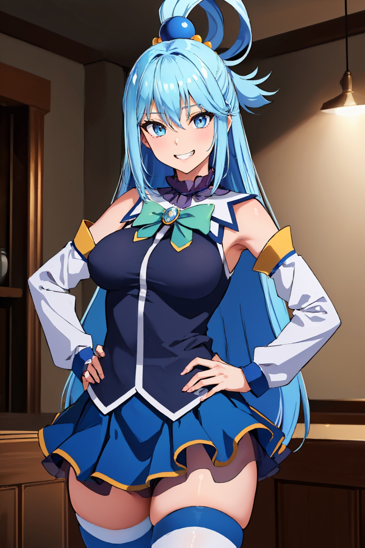 A cartoon woman wearing a blue, white, and yellow uniform with blue hair and bright blue eyes.