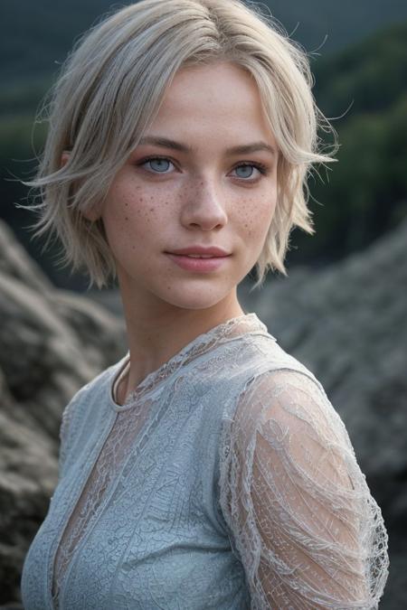 epiCRealism, a professional photography of a Norwegian girl with pixie haircut and platinum hair, caowboy shot, loose light blue summer dress with thin straps, light gray eyes, smile, platinum thin eyebrows, small nose with freckles, petite, slender, fit, perjy breasts, vibrant colors, insanely detailed, hyperdetailed,  cinematic lighting, high quality, realistic textured skin and skin details,  detailed pupils, cute, highly detailed, RAW photo,  skin pores, skin fuzz,  subsurface scattering, she is perched on top of a crag overlooking a deep fjord