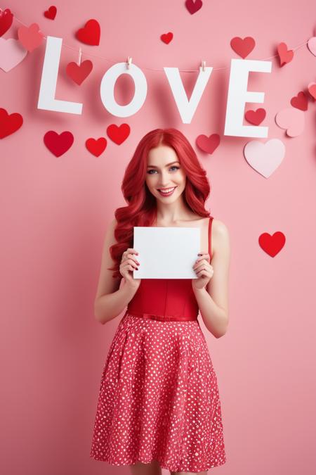 (magical, magnificent, masterpiece), (high-quality, detailed), cute-woman, pink-and-red-hair, holding-sign-saying-"love"-and-"you", valentines-day-hearts-background, (happy-valentines-day:1.3)