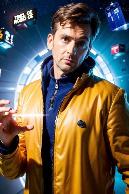 best quality, ultra high res, (photorealistic:1.4), 1man, upper_body, <lora:DavidTennantV3:0.6>, outer space, brown jacket, doctor who, blue tardis