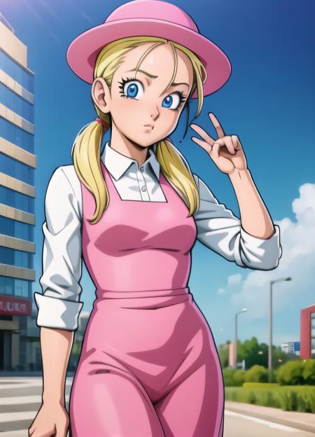 masterpiece, best quality, highest quality, photorealistic, perfect anatomy, perfect face, perfect eyes,
<lora:marondbgt_ex_01:0.7>, marondbgt, 1girl, pink dress, blonde, pink headwear,  blue eyes, solo, twintails, white shirt, collared shirt, low twintails, sexy pose, city