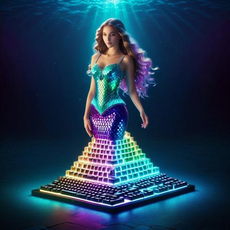 lazypos
A majestic tower made entirely of a futuristic RGB keyboard, keys glowing in smooth gradients of violet, cyan, magenta, and deep blue, standing in the center of the composition, each key softly illuminated with ambient RGB light, surrounded by an ethereal oceanic atmosphere, along the base of the tower rests a serene mermaid with flowing hair and shimmering iridescent scales that reflect RGB colors, her tail curled gently around her, holding a beautiful, shimmering blue blouse to her chest with grace and emotion, the blouse glows subtly with soft sparkles and pearlescent highlights, warm magical light plays across her skin and fabric, gentle expression, dreamy eyes, elegant posture, cinematic lighting, fantasy setting, bioluminescent ambiance, high detail, soft highlights, film grain, fantasy illustration, safe for work, graceful and lovely, artistic composition, delicate glow, ocean-inspired palette, subtle sparkles, enchanting and whimsical mood