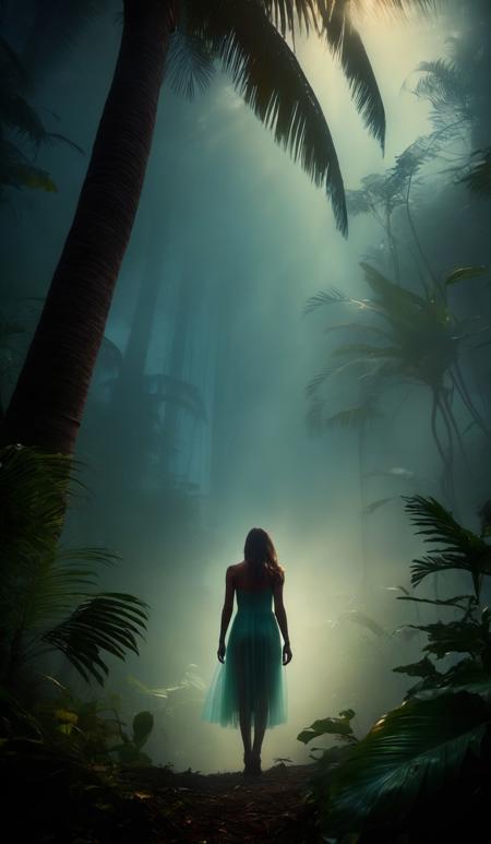 (1girl:1.2),,,elegant,,dramtic light,,transparency,translucent,sadness,review,,backligft,fantasy,glowing sky,,<lora:_20230805154543:0.9> ,fog,,shadow,surrealism,tropical forest,tree,jungle,Explorator,mysterious,