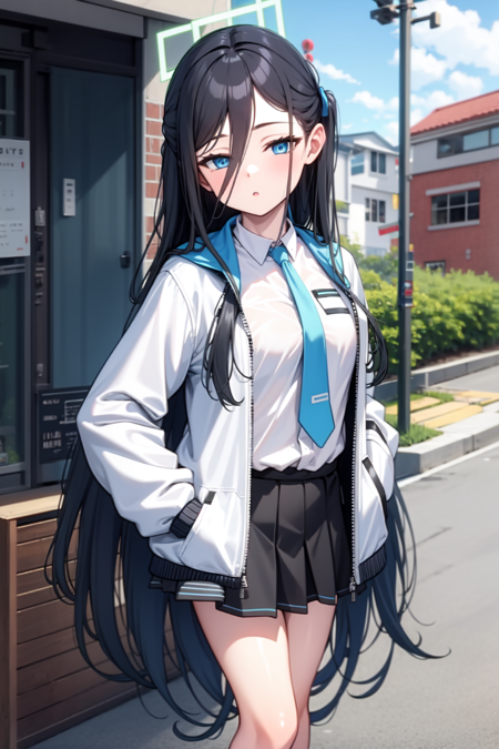 alice, blue eyes, black hair, very long hair, hair between eyes, halo white jacket, long sleeves, open jacket, collared shirt, blue necktie, black skirt, pleated skirt, black socks, white footwear