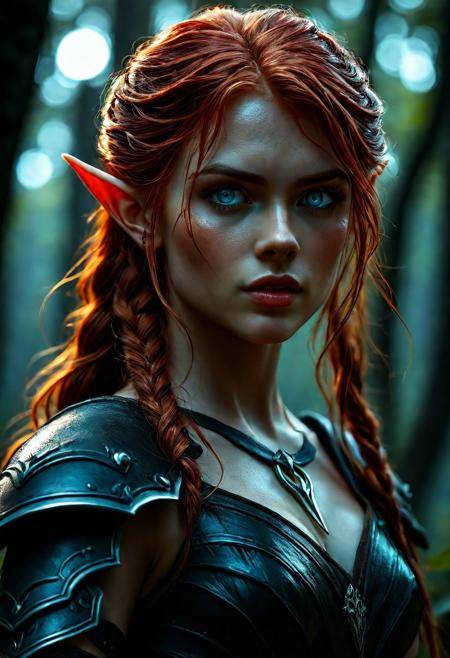 High resolution of ultra-realistic Beautiful Elven Archer girl, ultra-realistic body, perfect athletic body, Attractive Elf girl, artgem, WLOP, standing in the middle of a dark forest, beautiful Sadie Sink as Elf Archer girl, night of the full moon, realistic elven leather armour, defiant and seductive, covered in dirty and blood, cinematic colors Lighting, extremely detailed, 8K, wavy red hair, realistic dirty pale face, realistic blue eyes, beautiful Elf girl on in dark fantasy cool outfit, hyper-detailed, hyper-realistic, Attractive 21 old years Elf woman, Attractive, beautiful firm Breasts, wet and sweaty skin, Dark fantasy style, Dark fantasy atmosphere, sharp focus, digital painting, Photograph Taken on Nikon D750, Alphonse Mucha, 8K, athletic figure, Hyperdetailed, hyperrealism, attractive woman, beautiful woman of athletic body, Attractive bust girl, asymmetric balance
