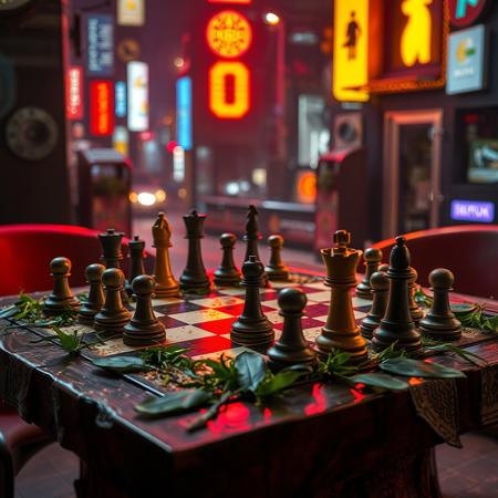 photorealist chess table with pieces close view on a chess table made from plant in a cyberpunk night city