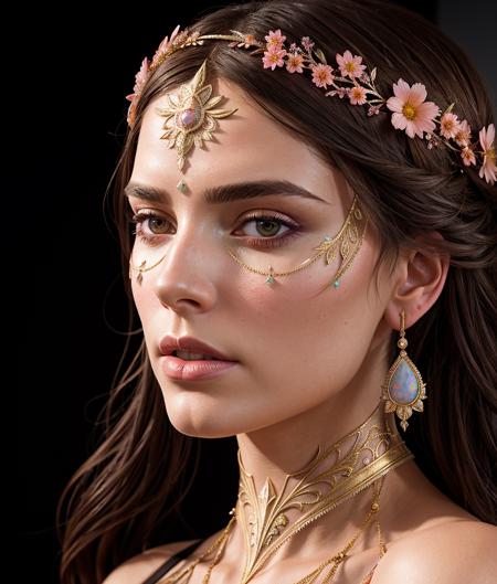 (symmetry:1.1) (portrait of floral:1.05) a woman as a beautiful goddess, (assassins creed style:0.8), pink and gold and opal color scheme, beautiful intricate filegrid facepaint, intricate, elegant, highly detailed, digital painting, artstation, concept art, smooth, sharp focus, illustration, art by greg rutkowski and alphonse mucha, 8k