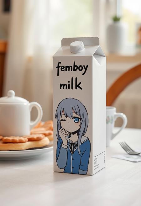 a milk box on a breakfast table. The milk is titled "femboy milk" with a anime girly guy character blinking her eye