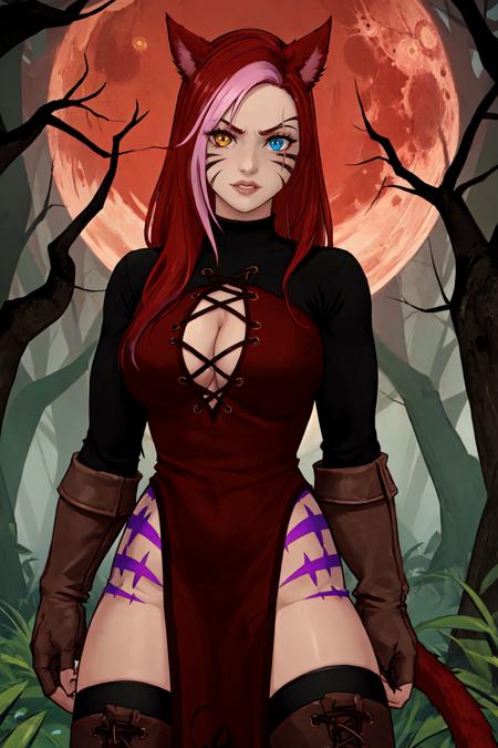 SabrithEbonclawManityro, heterochromia, slit pupils, facial mark, scar across eye Cat tail, tattoo red dress, cleavage cutout, black undershirt, long sleeves, pelvic curtain, brown gloves, black thighhighs, thigh boots, Armor, shoulder armor muscular female, abs
