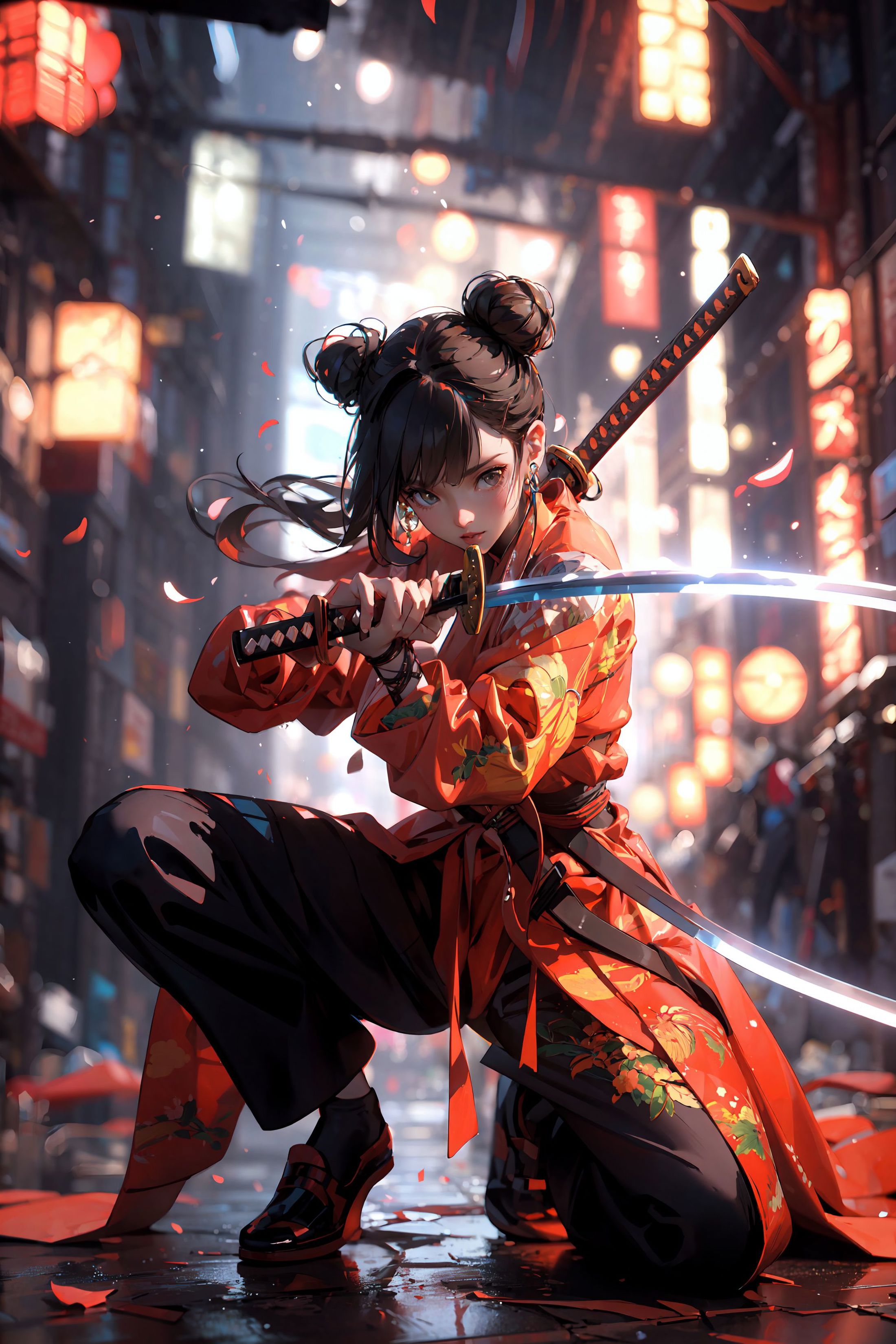Anime-style girl in a red kimono, holding a sword in a cityscape.