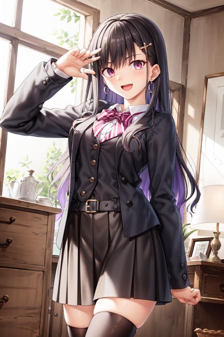 1girl, skirt, black hair, belt, thighhighs, long hair, earrings, smile, black skirt, jewelry, open mouth, pleated skirt, multicolour hair, solo, jacket, buckle, belt buckle, black legwear, looking at viewer, : d, bow, zettai ryouiki, long sleeves, cowboy shot, bowtie, shirt, pink eyes, black belt, very long hair, bangs, eyesbrows visible through hair, hair ornament, piercing
 <lora:FateVN:1>