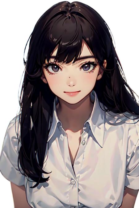 nanakomatsureal, masterpiece, best quality, ultra high res, beautiful detailed eyes, 1 girl, dslr, looking at viewer, smile, standing, black eyes, black hair, long hair, medium breasts, white shirt, ((white background)), <lora:nanakomatsulora:1>,