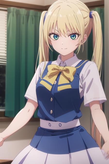 rikahoshizaki, <lora:rika hoshizaki s2-lora-nochekaiser:1>,
rika hoshizaki, (green eyes:1.3), blonde hair, twintails, smile,
BREAK skirt, shirt, bow, school uniform, white shirt, short sleeves, pleated skirt, bowtie, blue skirt,
BREAK indoors, classroom,
BREAK looking at viewer, (cowboy shot:1.5),
BREAK <lyco:GoodHands-beta2:1>, (masterpiece:1.2), best quality, high resolution, unity 8k wallpaper, (illustration:0.8), (beautiful detailed eyes:1.6), extremely detailed face, perfect lighting, extremely detailed CG, (perfect hands, perfect anatomy),