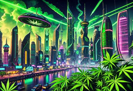 masterpiece, high quality, 420futurism, <lora:420FuturismXL:0.8>, UFO dropping glowing cannabis joints, alien spaceship over cyberpunk city, futuristic night scene, marijuana delivery from space, green smoke trails, glowing neon sky, 420 themed alien technology, cyber aesthetic, sci-fi city skyline, no humans, vivid colors, humorous tone