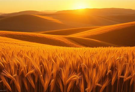 "Rolling Hills with Wheat Fields in Golden Hour"
Painters: Don Eddy (vivid textures in wheat), Adolfo Fernandez Rodriguez (soft light on hills), Doug Bloodworth (deep, cinematic shadows).
Description: Golden wheat fields stretching across rolling hills as the sun sets, each stalk catching the warm light, with crisp, defined textures and rich shadows.
