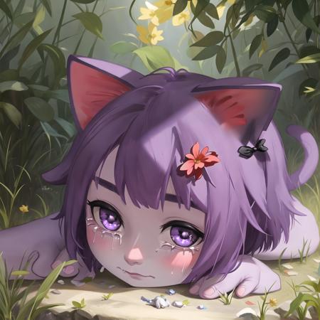 realistic photo of a masunya,  cat ears, (purple skin color:1.2), alkemanubis, (crying:1.1), by Jeremy Lipking, by William Bouguereau, (by Alphonse Mucha:0.5),  sabudenego, jeremy lipking, masterpiece,