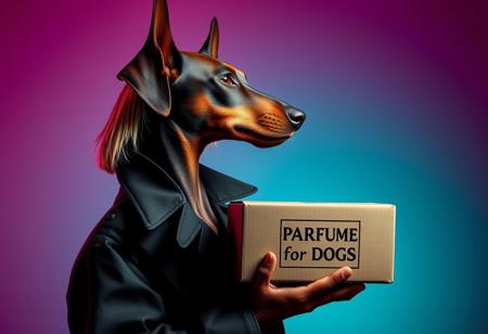 An anthropomorphic brown Dobermann dog with soft, long, natural ears and a blonde bobcut with long hair in the back, wearing a black trenchcoat, depicted in profile, side view. The dog is holding a cardboard box labeled ‘Parfum for Dogs’ in a surreal and avant-garde fashion illustration style. The scene features a turquoise silver grunge aesthetic against a gradient magenta and teal background. The setting includes vivid colors, filigree details, and photorealistic rendering. The lighting is moody chiaroscuro, enhanced by the visual distortion of fisheye cinema prime lenses (9mm) and noir film-style color correction