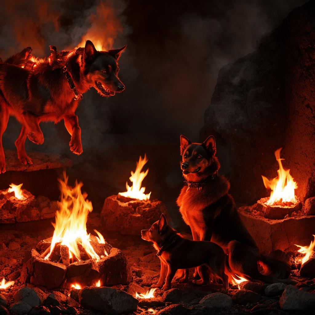 underworld cerberus, dog, lava, flames