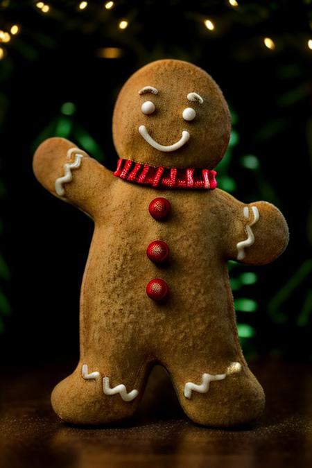 Gingerbread_Man, food, cookie, food focus, no humans, an extremely gritty detailed HD 8K photograph of a gingerbread man and woman wearing very festive cookie clothing dancing together on the table in front of a beautifully decorated pine Christmas tree, detailerlora, beautiful subtle very soft yellow, red, green and white lights