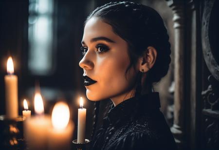 cinematic film still a closeup portrait of ((ohwx woman)) As wednesday addams,   inside a candle lit gothic castle, Hair styled in a long braid  <lora:ortega_dh128_v1-step00009000:1> . shallow depth of field, vignette, highly detailed, high budget, bokeh, cinemascope, moody, epic, gorgeous, film grain, grainy