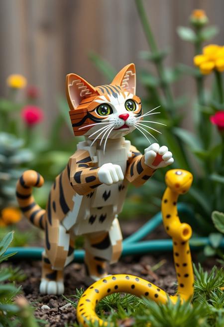 masterpiece, best quality, A humorous depiction of an absurd cat made of Lego, struggling with her legs, her eyes pop out, and jumping up like an idiot, astounded by a hose made of Lego in the garden that she mistakenly for a snake.