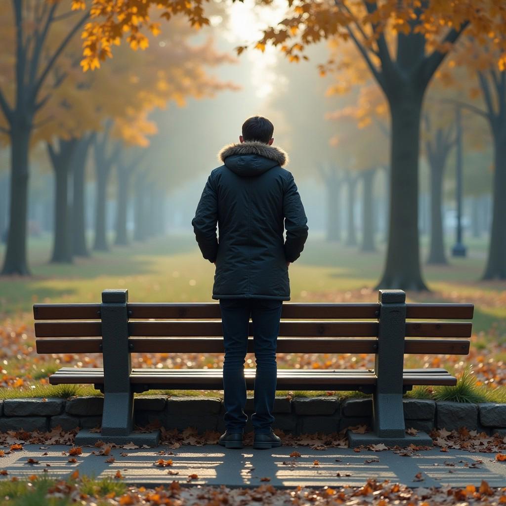 A person standing by a bench